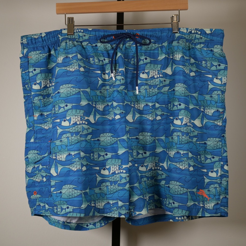 Tommy Bahama Mens 2XLB Blue Fish Print Swim Trunks Board Shorts $98. Lined